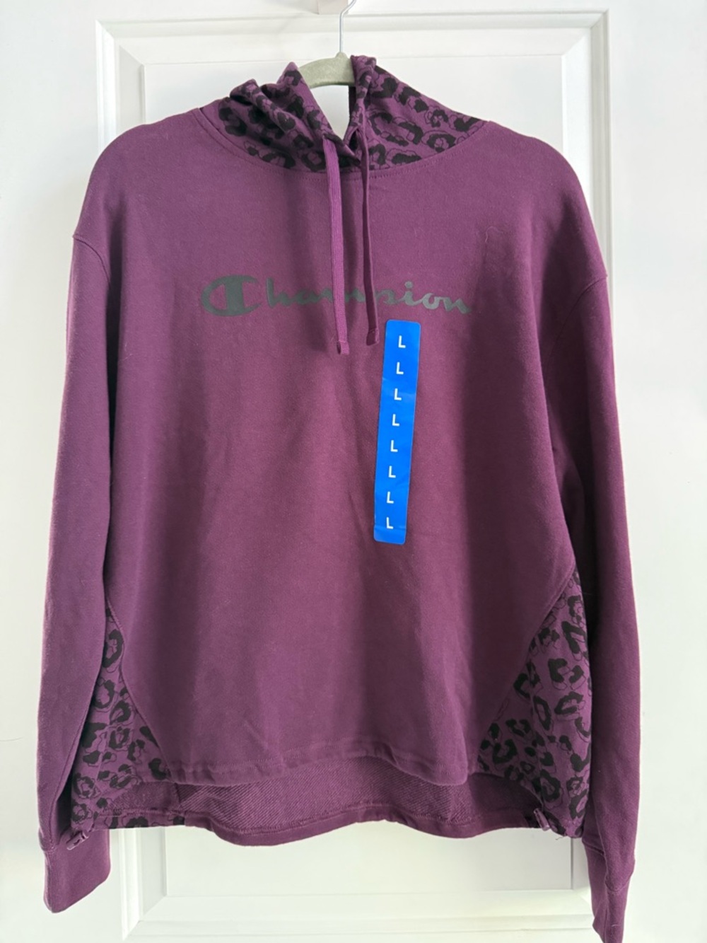 Champion Plum Crewneck Sweatshirt with Leopard-Trim Hood